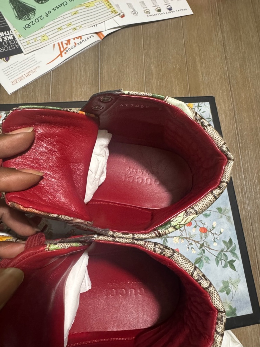 Gucci Tian GG Supreme Floral High Top Sneakers Size 10 (US) Red Lace AUTHENTIC - Picture 11 of 14